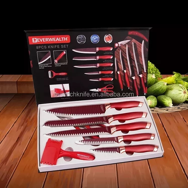 Самые привлекательные горячие продажи 8 наборов кухонных ножей, красный, с подарочной коробкой 